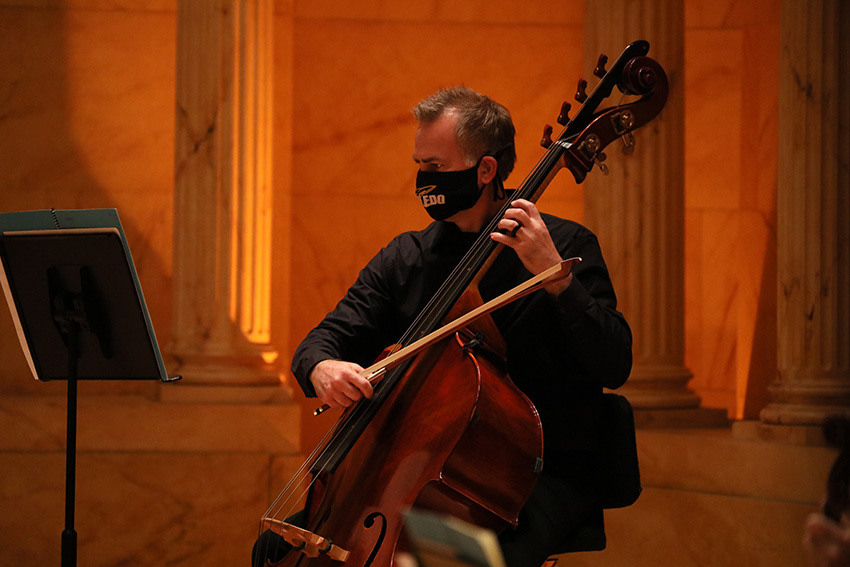 Bill McDevitt playing the upright bass in the Toledo Symphony Orchestra